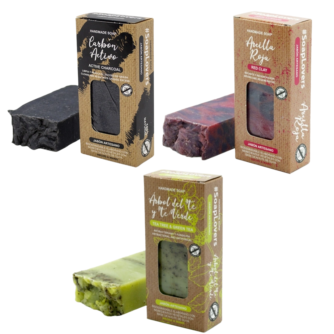 Pack "Pureza Renovadora" - Limpieza y Purificación con Jabón de Carbón Activado, Jabón de Árbol de Té y Jabón de Arcilla Roja